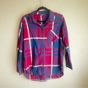 Eddie Bauer Flannel Button up Shirt- Blue, white, reddish/pink fall top